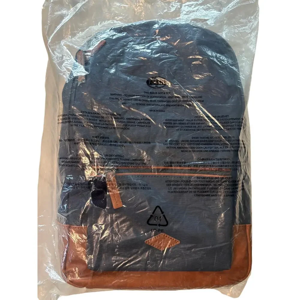 NWT Fossil Estate Navy Blue Canvas Brown Leather Classic Vintage Retro Backpack